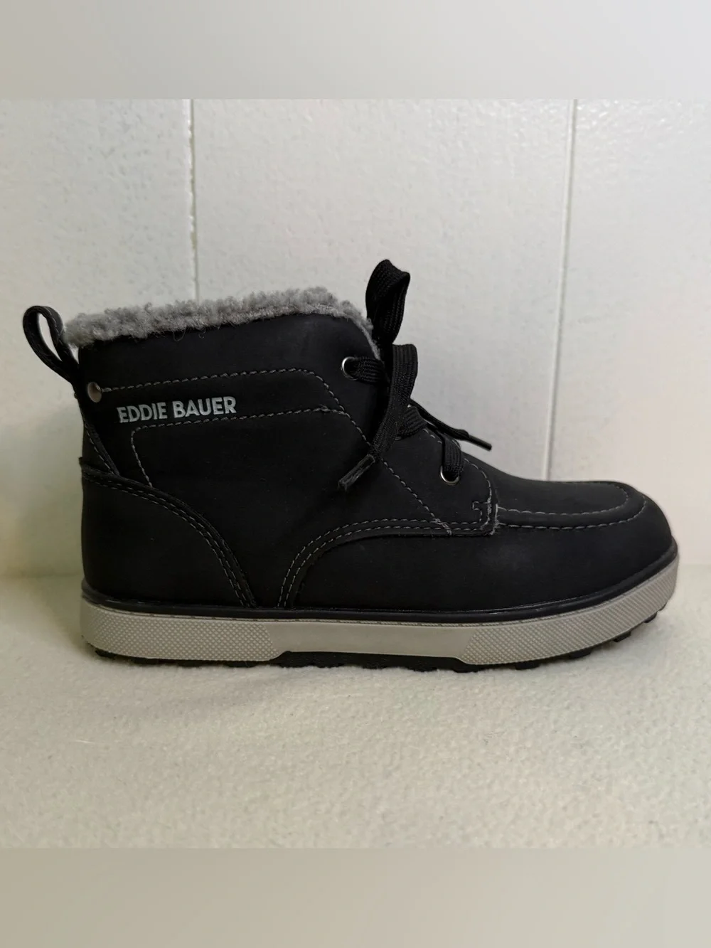 Eddie Bauer Kids' Maddox Black Winter Lace-Up Side Zip Boots with Gray Faux Fur